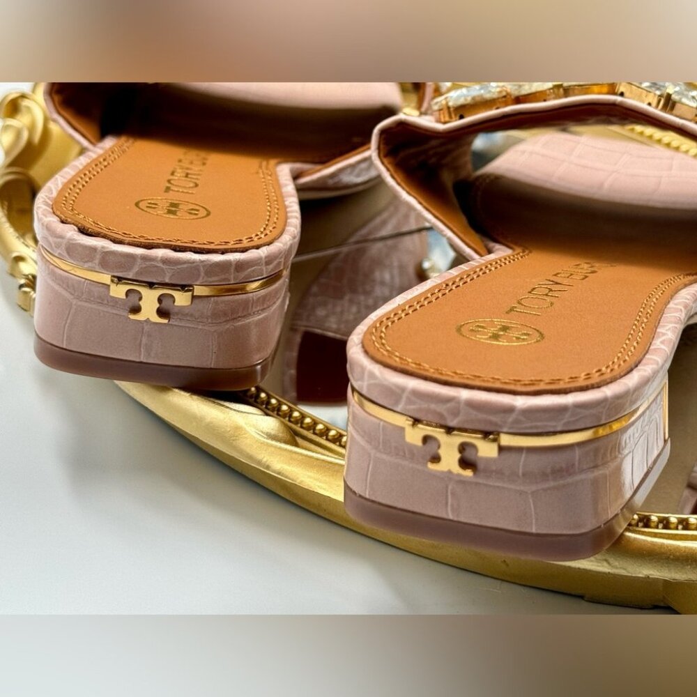 🆕 TORY BURCH 🧿 NWOT Martine 25mm Slides, Pink Croc Embossed Crystal Embellish - Picture 7 of 15